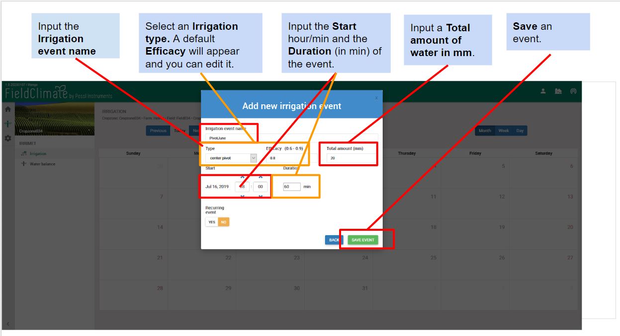 Instantâneo do calendário de rega ao introduzir um único evento.