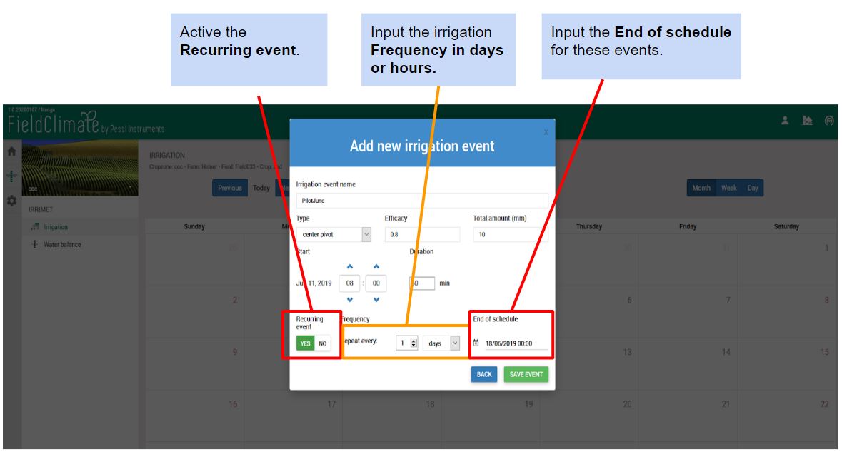 Snapshot of the Irrigation calendar when inputting a recurring event.