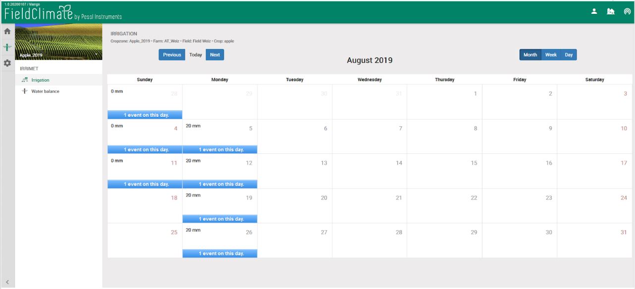 Snapshot of the Irrigation calendar.