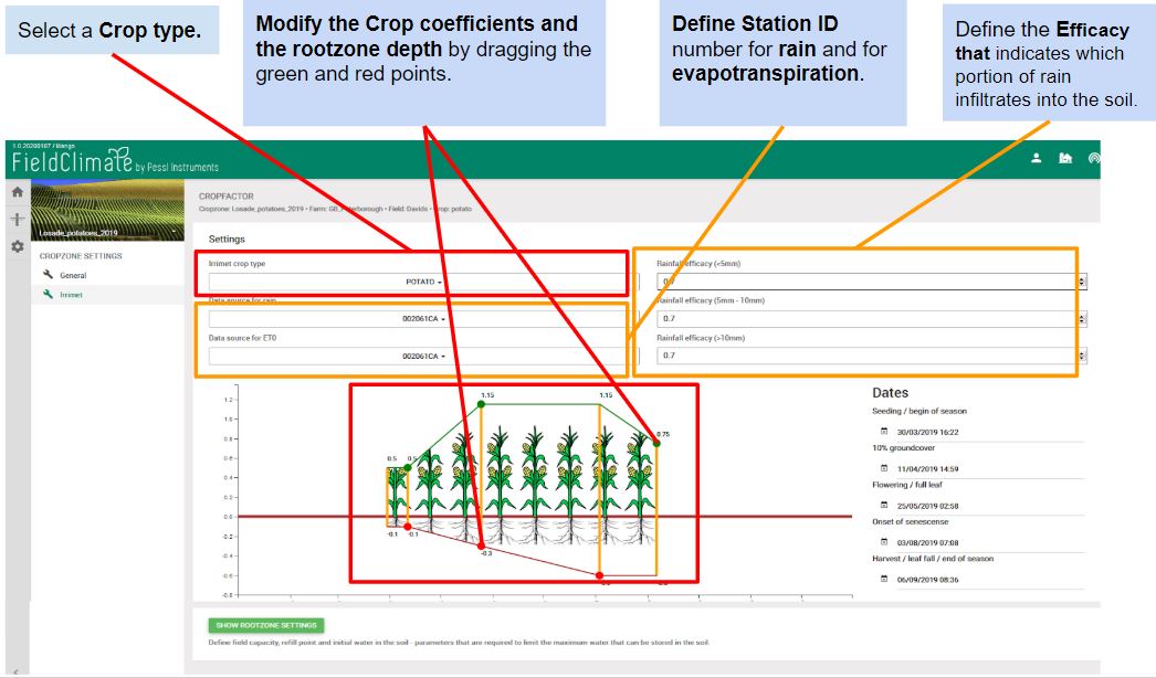 Snapshot of the Irrimet settings