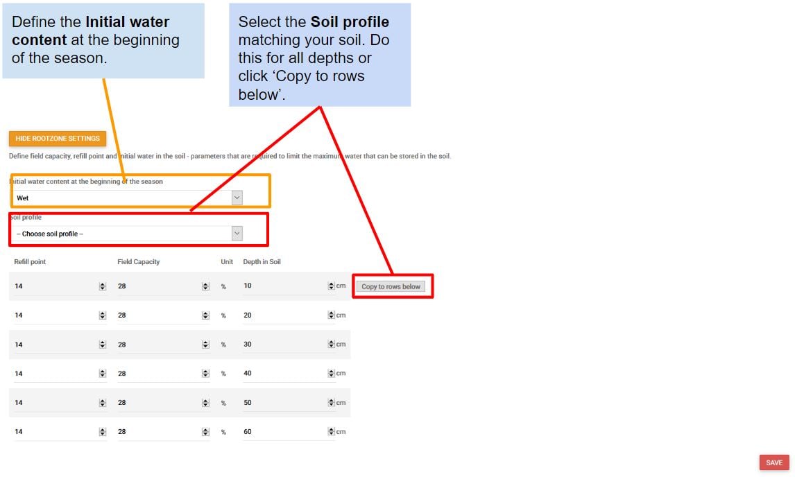 Snapshot of the Rootzone settings