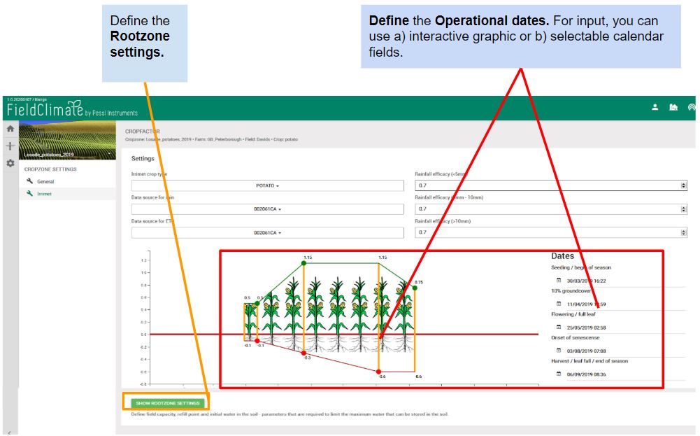 Snapshot of the Irrimet settings