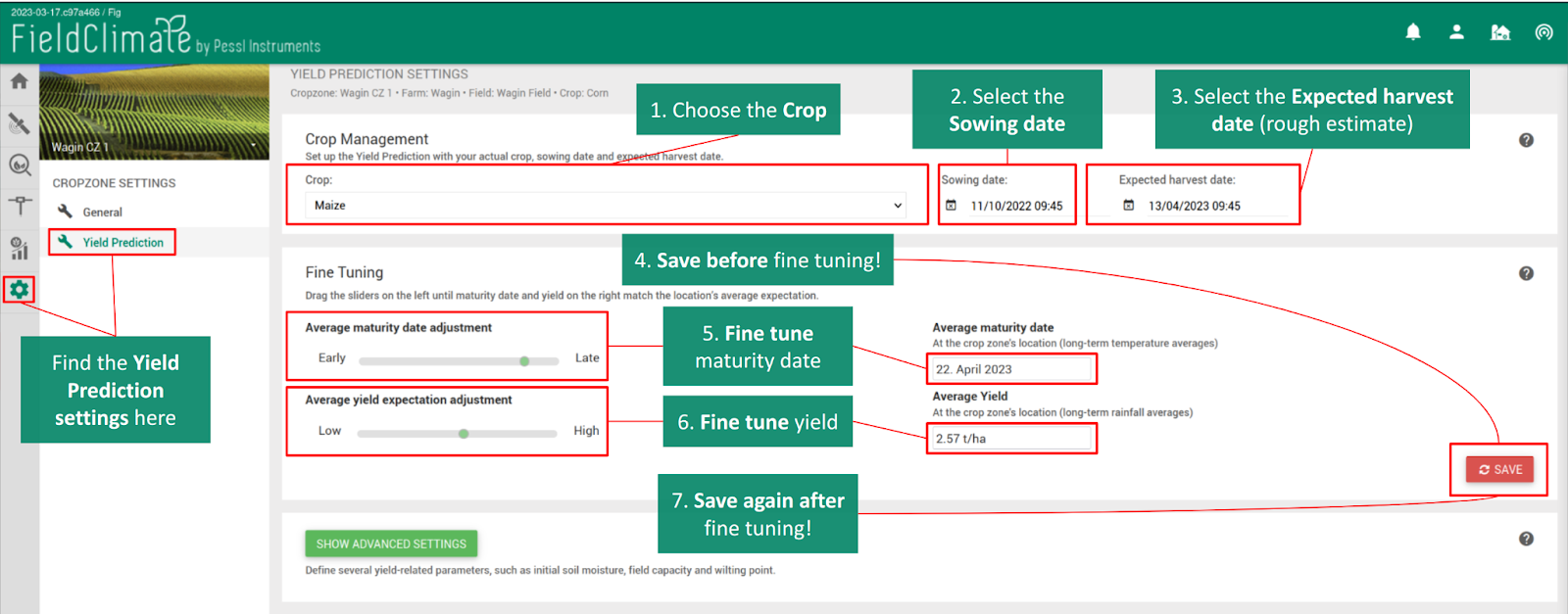 FarmView manuell_Simple Yield Prediction Einstellungen