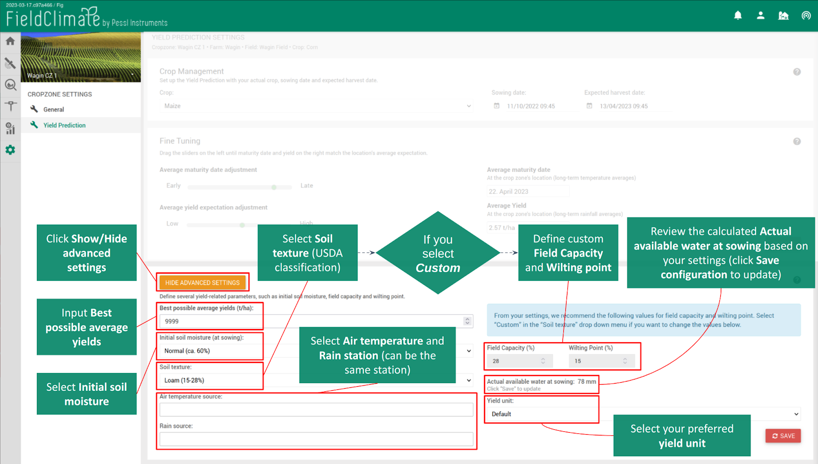 Advanced Yield Prediction settings