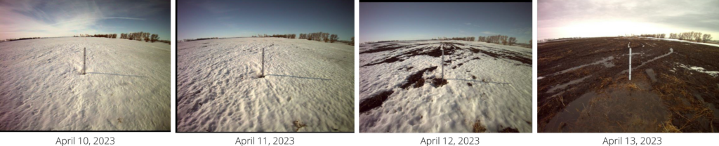 Obr. 7: Širokoúhlý snímek sněhu v kanadské Manitobě. Všimněte si rychlého úbytku sněhové pokrývky