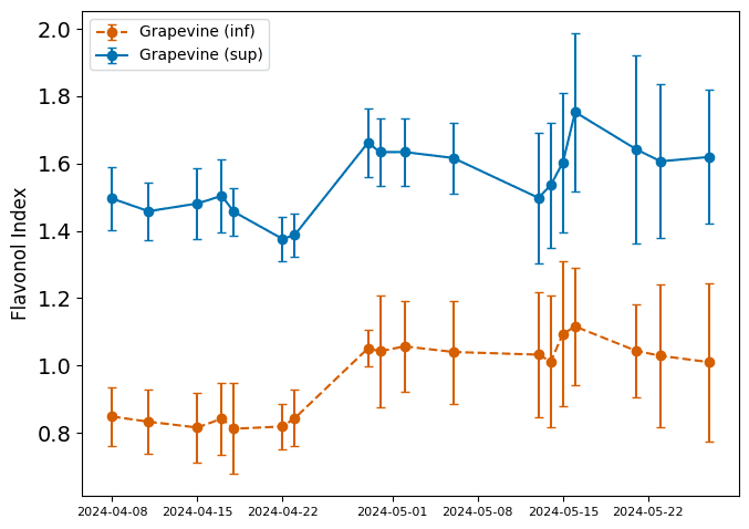 Figura 3: Índice de flavonóis das folhas de videira superiores (azul, linha sólida) e inferiores (laranja, linha tracejada). (Fonte: Pessl Instruments, 2024)